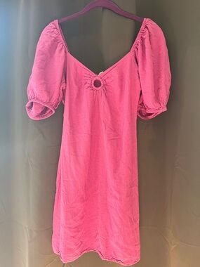 Pink Puff-Sleeve Midi Dress with Ring Detail